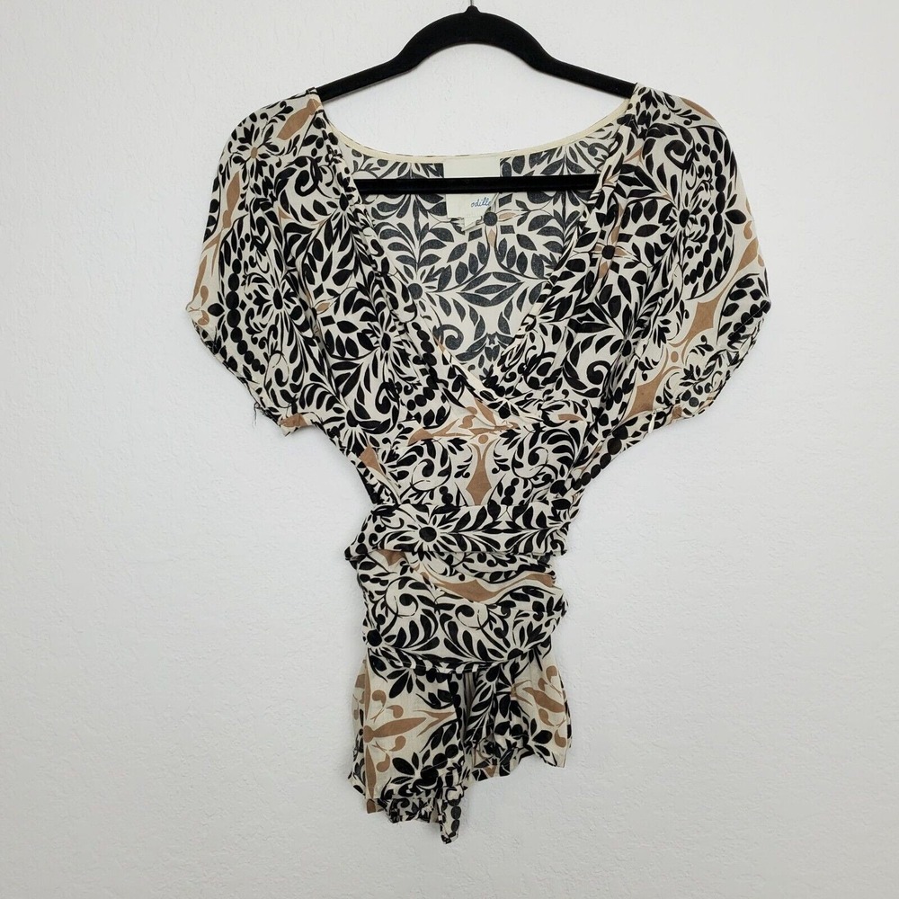 Anthropologie‎ Odille Womens Top Size 2 Paisley Geometric V-Neck Tie Dolman FLAW